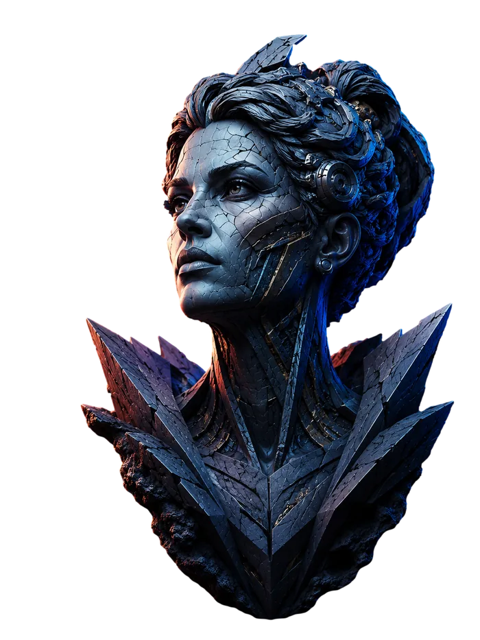Futuristic female stone and metal sculpture representing a connected SEO strategy.