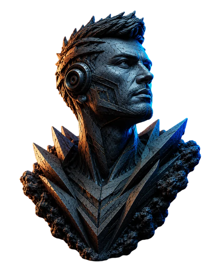 Futuristic male stone and metal sculpture looking towards the local SEO strategy content.