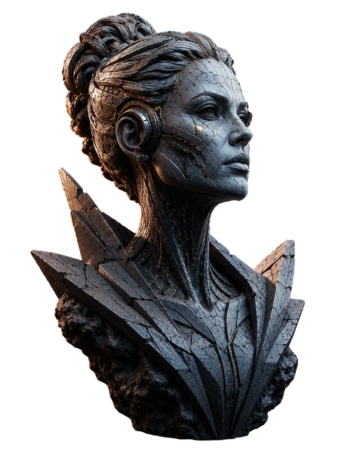 Futuristic female stone and metal sculpture looking to the right, representing progress beyond search visibility.