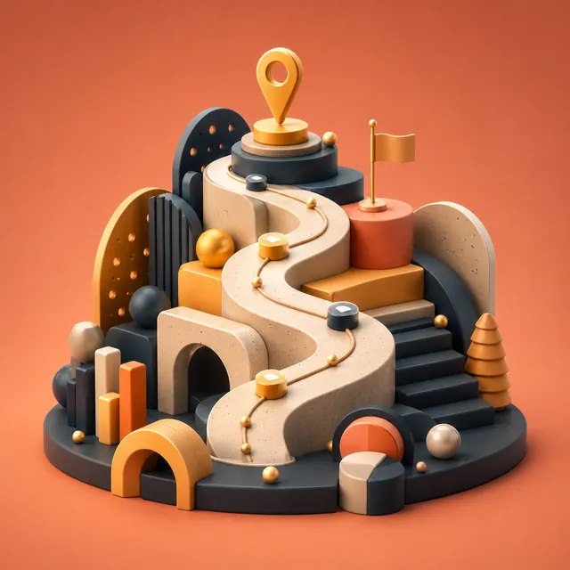Abstract 3D illustration representing search priorities and an SEO roadmap.